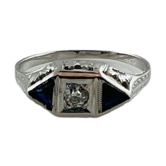 14K White Gold Diamond Lab Created Sapphire Filigree Ring 4.75 #15675 - Picture 1 of 9